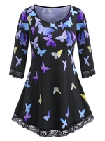 Scalloped Lace Trim Colorful Butterfly Plus Size Top