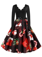 Scalloped Neck Christmas Pattern Belted Long Sleeve Dress
