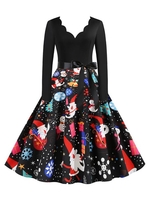 Scalloped Neck Christmas Pattern Long Sleeve Belted Dress
