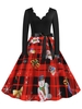 Scalloped Neck Christmas Pattern Plaid Belt Long Sleeve Dress