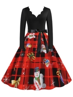 Scalloped Neck Christmas Pattern Plaid Belt Long Sleeve Dress