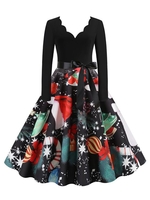 Scalloped Neck Christmas Printed Long Sleeve A Line Dress