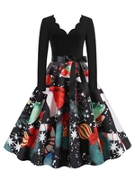 Scalloped Neck Christmas Printed Long Sleeve A Line Dress