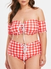 Scalloped Plaid Lace Up Off Shoulder Plus Size Bikini Swimsuit