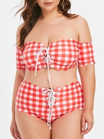 Scalloped Plaid Lace Up Off Shoulder Plus Size Bikini Swimsuit