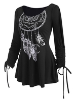 Scoop Neck Dreamcatcher Print Split Sleeve Cinched Top