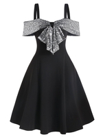 Sequin Panel Open Shoulder Bow Detail Skater Dress