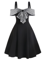 Sequin Panel Open Shoulder Bow Detail Skater Dress