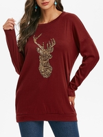 Sequined Reindeer Christmas Sweatshirt with Pockets