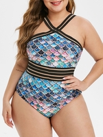 Shadow Stripes Mermaid Scales Print Plus Size Swimsuit