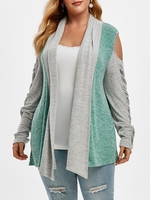Shawl Collar Cold Shoulder Heathered Colorblock Plus Size Cardigan
