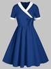 Shawl Collar Surplice Bowknot Two Tone A Line Dress