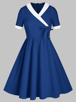 Shawl Collar Surplice Bowknot Two Tone A Line Dress