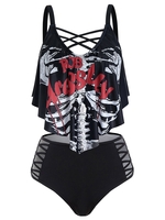 Skeleton Letter Print Crisscross Cutout Padded Tankini Swimwear