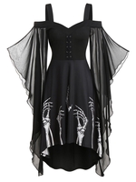 Skeleton Print Butterfly Sleeve Lace-up High Low Dress