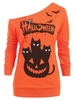 Skew Neck Bat Letter Cats Print Halloween Sweatshirt