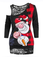 Skew Neck Christmas Printed T Shirt and Lace Tank Top Set