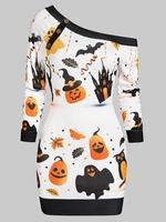 Skew Neck Halloween Pumpkin Castle Print Bodycon Dress