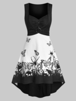 Skull Butterfly Print O-ring Ruched Sleeveless High Low Dress