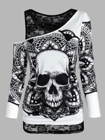 Skull Graphic Cold Shoulder Two Piece T Shirt Sets