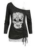 Skull Lace Pattern Cold Shoulder Two Piece T Shirt