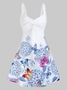Sleeveless Butterfly and Flower Print Crossover Dress