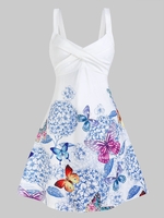 Sleeveless Butterfly and Flower Print Crossover Dress