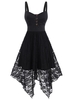 Sleeveless Button Ruched Flower Lace Hanky Hem Dress