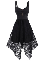 Sleeveless Button Ruched Flower Lace Hanky Hem Dress