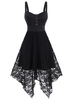 Sleeveless Button Ruched Flower Lace Hanky Hem Dress