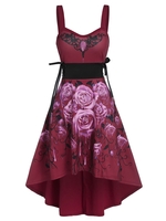 Sleeveless Flower Print Lace-up High Low Gothic Dress