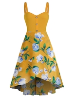 Sleeveless Flower Print Mock Button High Low Dress