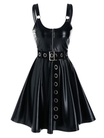 Sleeveless Half Zip Grommet Belted Faux Leather Dress