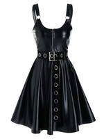 Sleeveless Half Zip Grommet Belted Faux Leather Dress