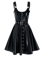Sleeveless Half Zip Grommet Belted Faux Leather Dress