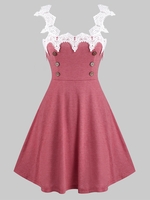 Sleeveless Lace Insert Mock Button Heathered Dress