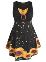 Sleeveless O-ring Ruched Sunflower Plus Size Dress