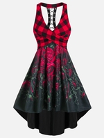 Sleeveless Plaid Rose Flower Print Lace-up Crossover High Low Dress