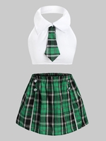 Slit Tie Plaid Sailor Style Plus Size Students Costume Set