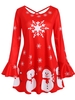 Snowman Snowflake Criss Cross Flare Sleeve Christmas Plus Size Top