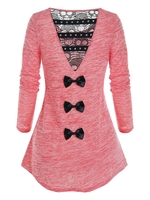 Space Dye Back Lace Panel Bowknot Longline T Shirt