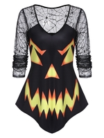 Spider Web Lace Pumpkin Face Print Halloween T-shirt
