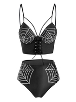 Spider Web Print Lace Up Underwire Tankini Swimwear