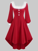 Square Collar Christmas Faux Fur Collar Long Sleeve High Low Dress