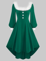 Square Collar Christmas Faux Fur Collar Long Sleeve High Low Dress