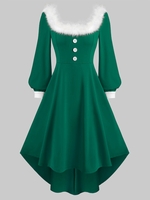 Square Collar Christmas Faux Fur Collar Long Sleeve High Low Dress