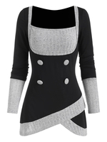 Square Collar Rib-knit Panel Asymmetrical Long Sleeve Top
