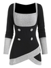 Square Collar Rib-knit Panel Asymmetrical Long Sleeve Top