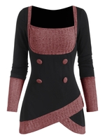 Square Collar Rib-knit Panel Asymmetrical Long Sleeve Top