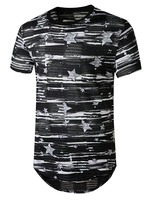 Star Print Sheer Patch Hole Longline Curved T Shirt